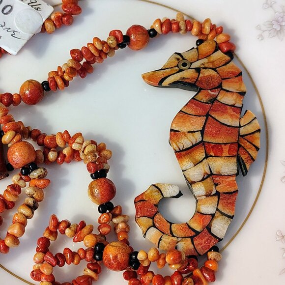Vtg MCM Necklace Estate Jewelry Amber Seahorse Stone Resin & Wood Signed Tag - Picture 1 of 9
